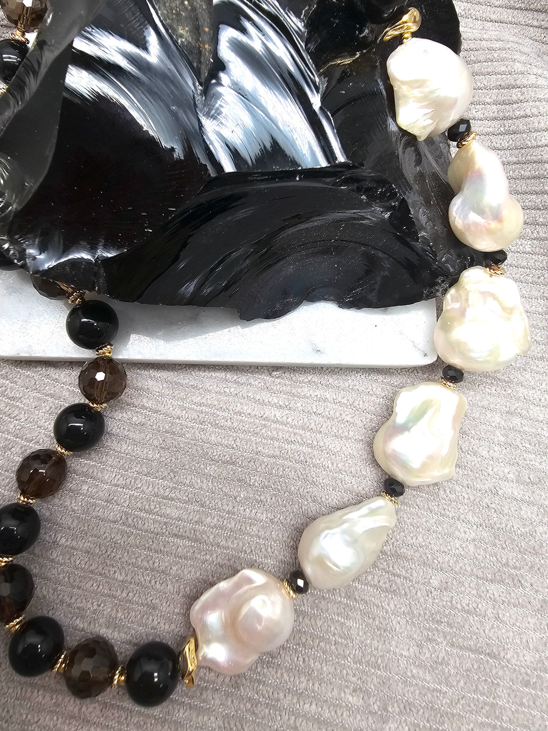 Black Quartz And Obsidian With Baroque Pearl Statement Necklace SN046
