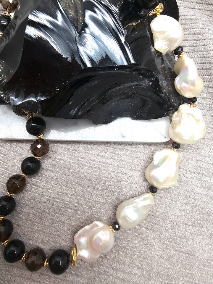 Black Quartz And Obsidian With Baroque Pearl Statement Necklace SN046