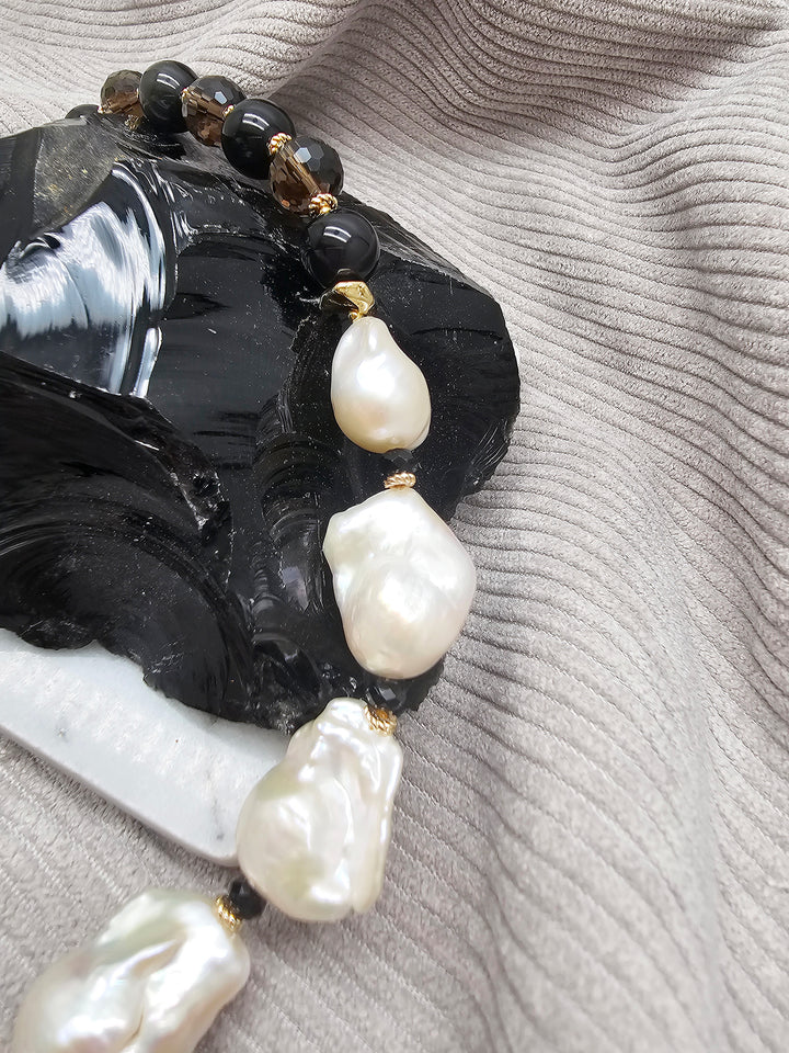 Black Quartz And Obsidian With Baroque Pearl Statement Necklace SN046