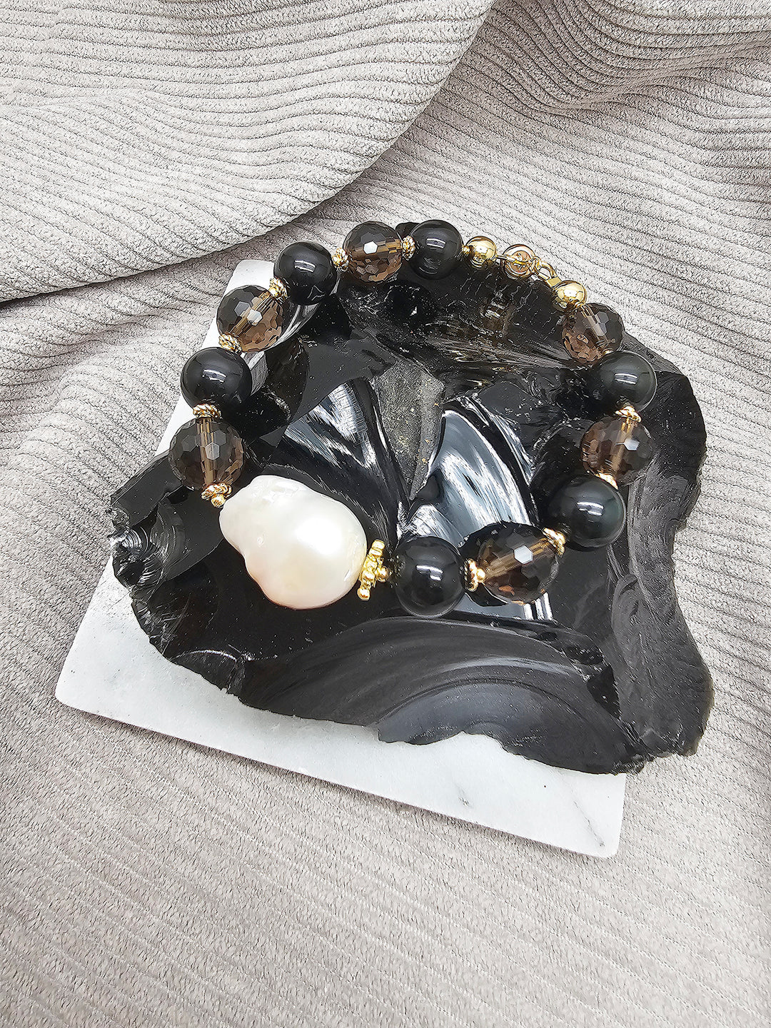 Black Obsidian And Smoky Quartz With Baroque Pearl Bracelet SB024