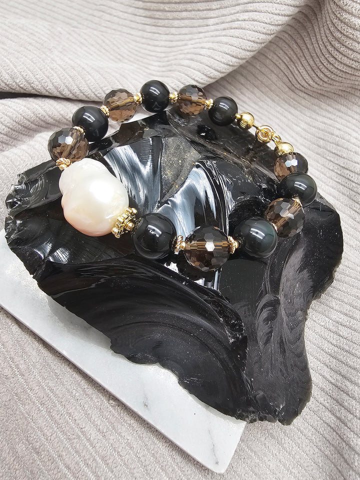 Black Obsidian And Smoky Quartz With Baroque Pearl Bracelet SB024