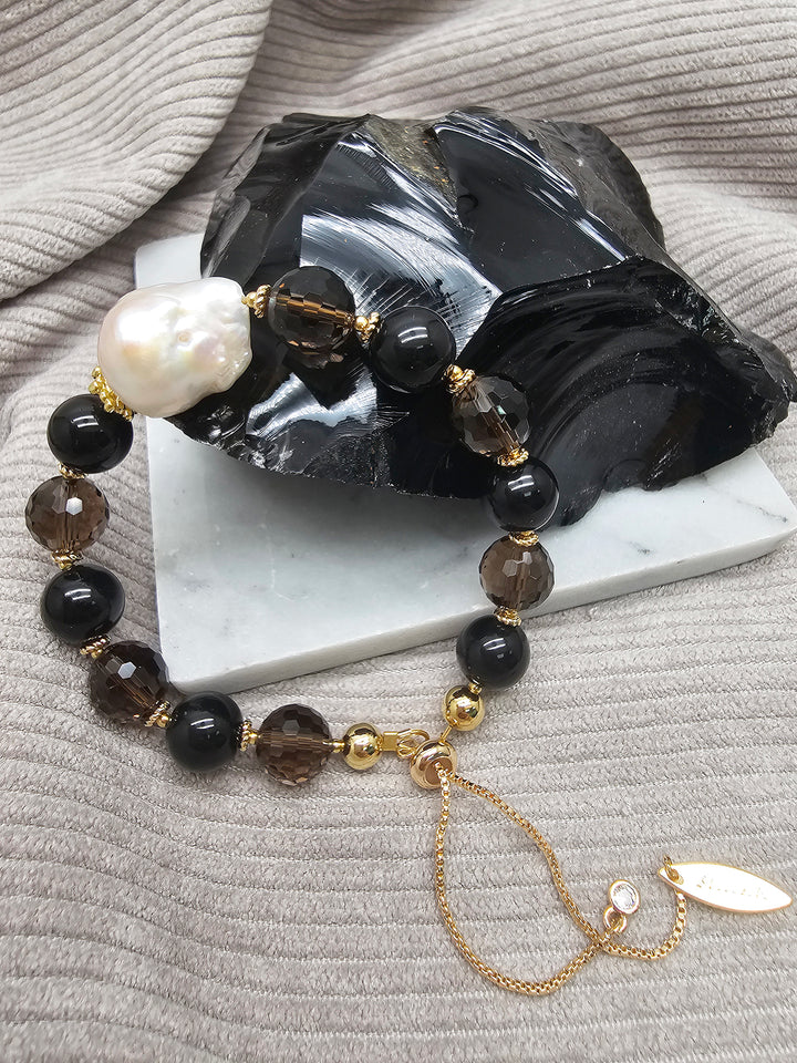 Black Obsidian And Smoky Quartz With Baroque Pearl Bracelet SB024
