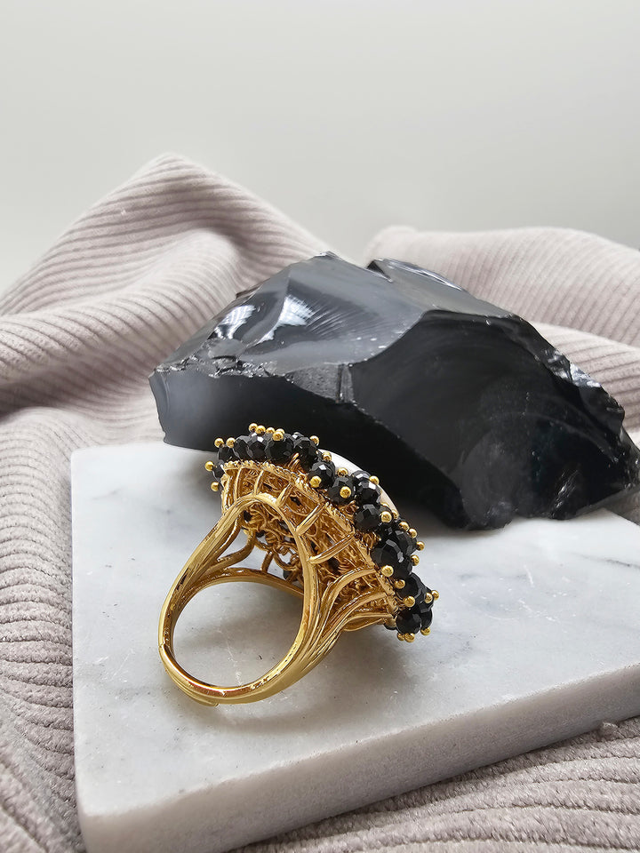 Romantic Style Freshwater Pearl With Black Obsidian Cocktail Ring SR010