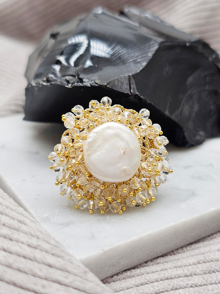 Romantic Style Floral Freshwater Pearl With Crystal Cocktail Ring SR009