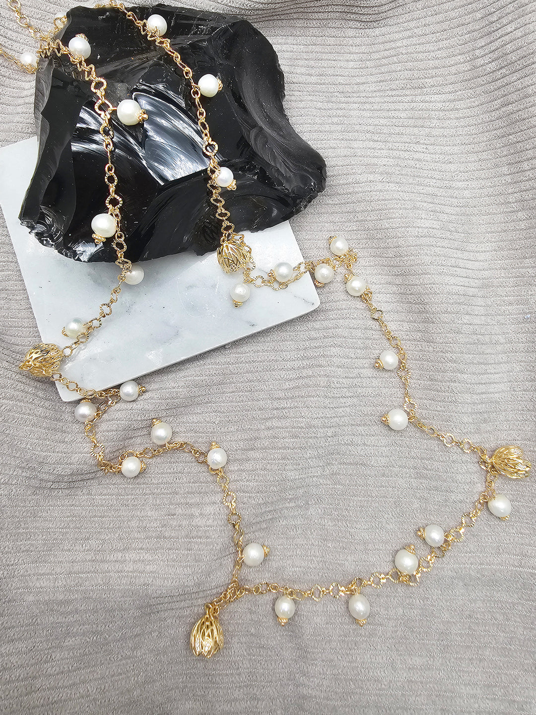 Romantic Style Freshwater Pearl With Flower Charms Long Necklace SN043