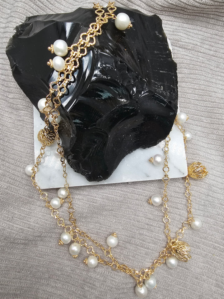 Romantic Style Freshwater Pearl With Flower Charms Long Necklace SN043