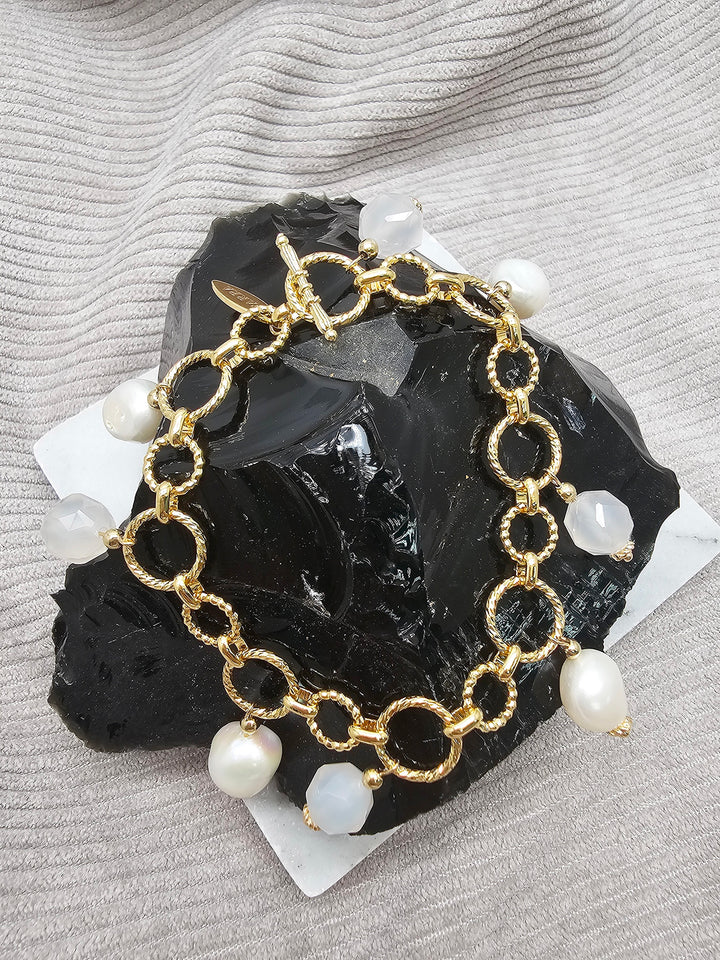 Freshwater Pearl And White Agate Charms Chain Bracelet SB022