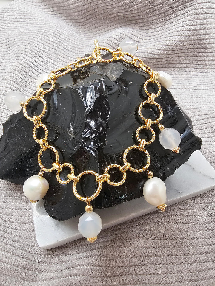 Freshwater Pearl And White Agate Charms Chain Bracelet SB022