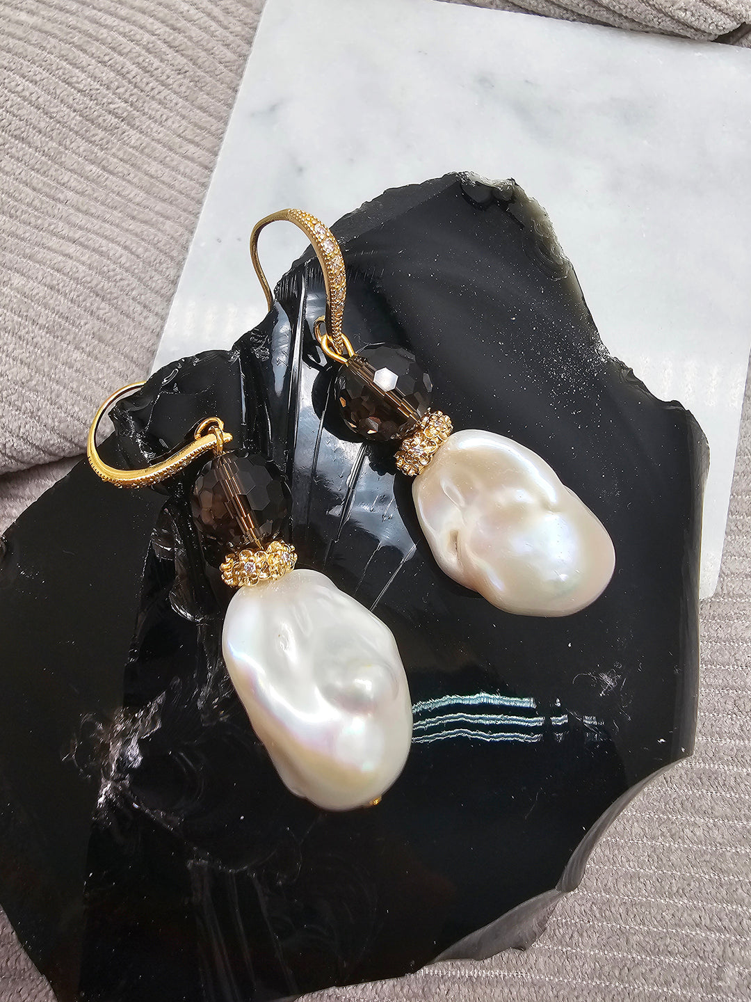 Classic Style Baroque Pearl With Smoky Quartz Dangle Earrings SE026
