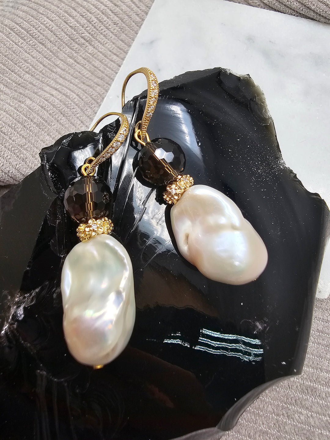 Classic Style Baroque Pearl With Smoky Quartz Dangle Earrings SE026
