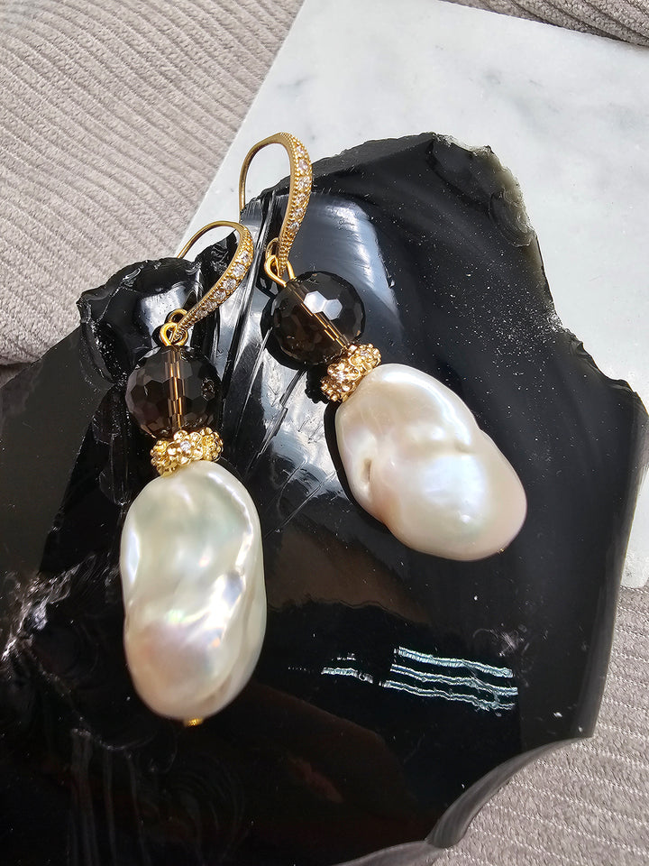 Classic Style Baroque Pearl With Smoky Quartz Dangle Earrings SE026