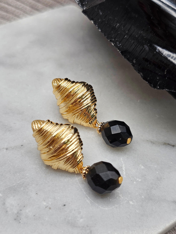 Classic Oval Black Obsidian With Gold Stud Earrings SE030
