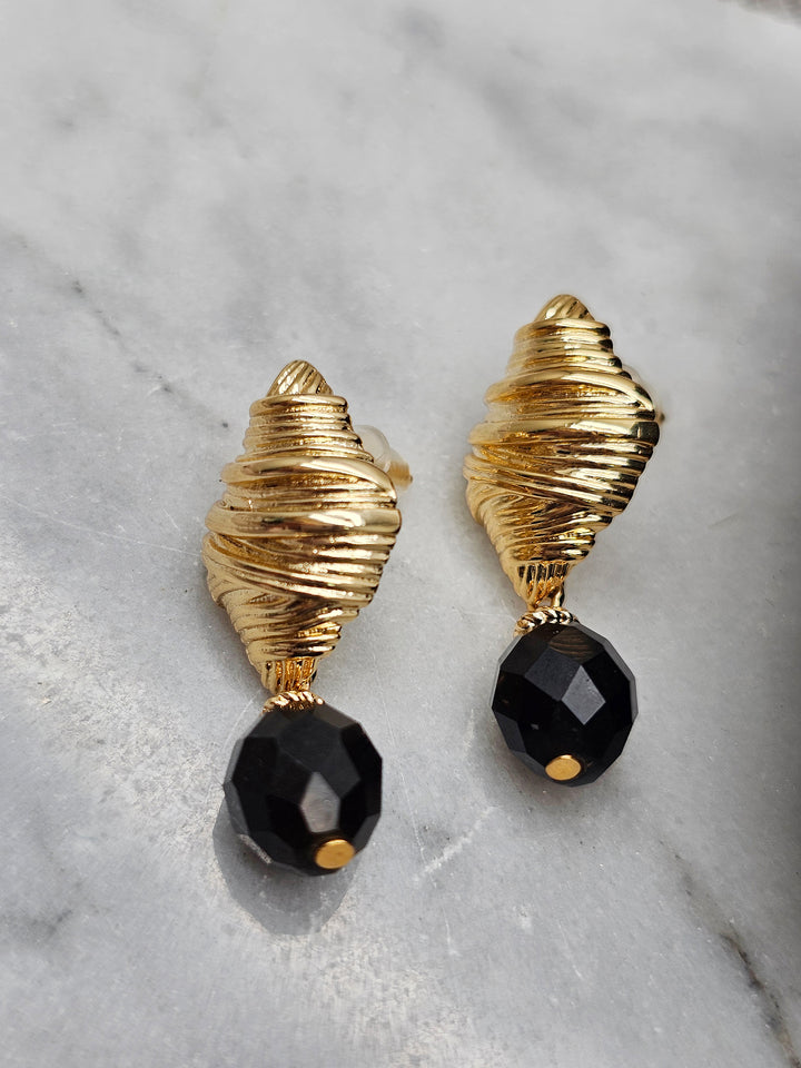 Classic Oval Black Obsidian With Gold Stud Earrings SE030