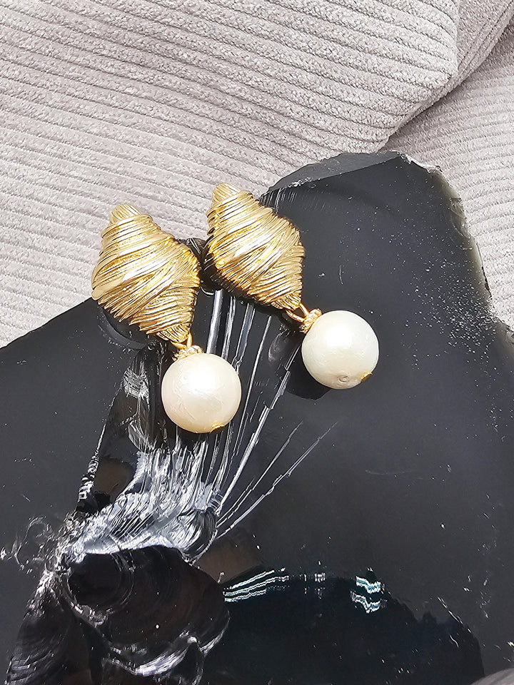 White Freshwater Pearl Dangle Gold Stud Earrings SE024
