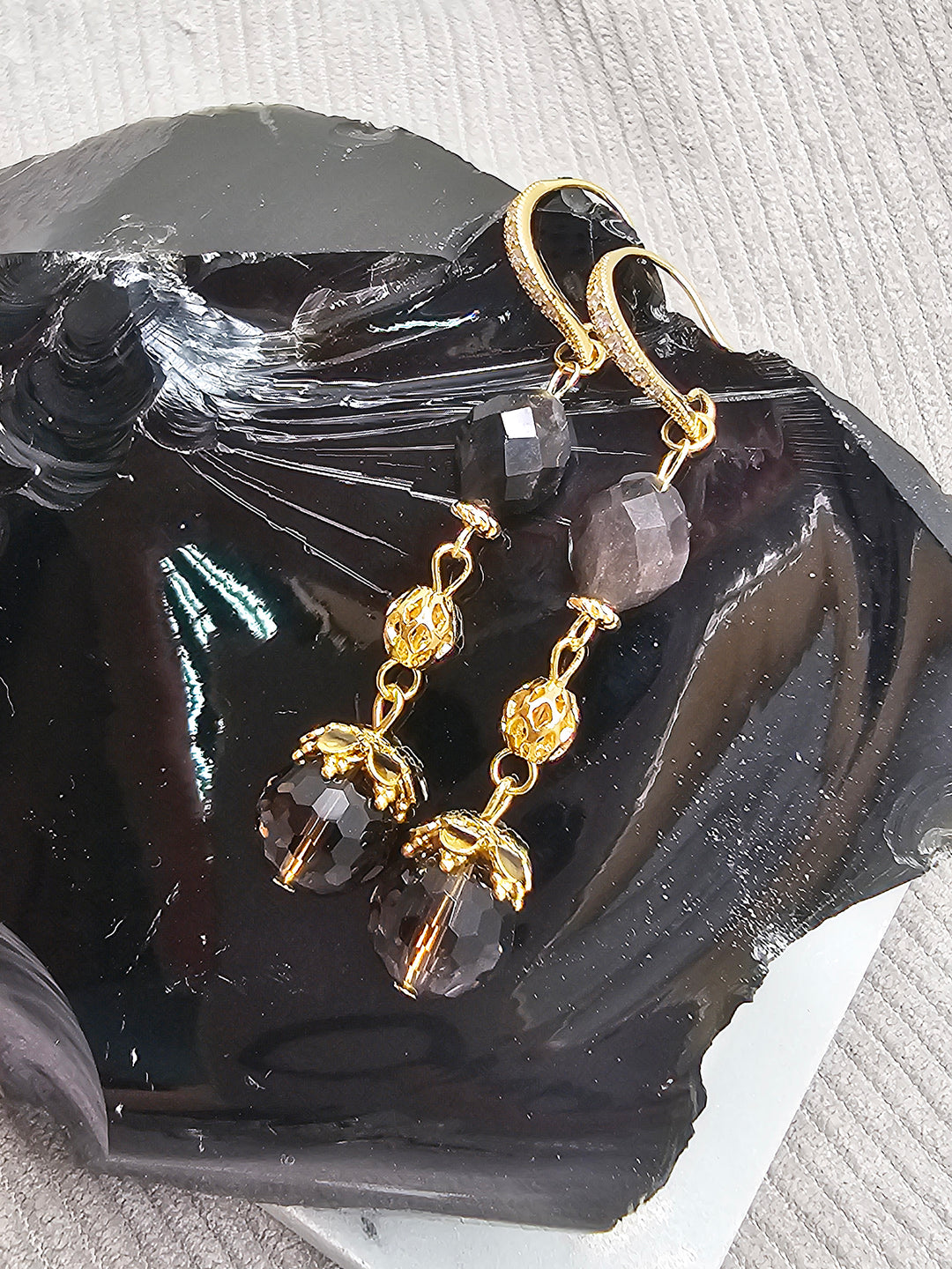 Black Obsidian With Smoky Quartz Dangle Earrings SE029