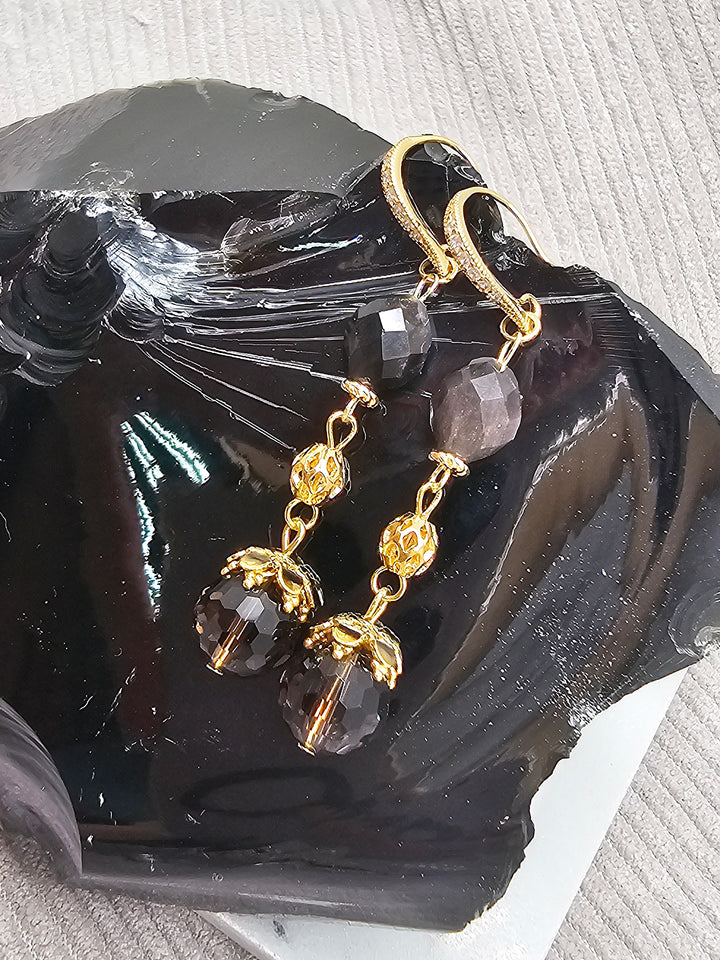 Black Obsidian With Smoky Quartz Dangle Earrings SE029