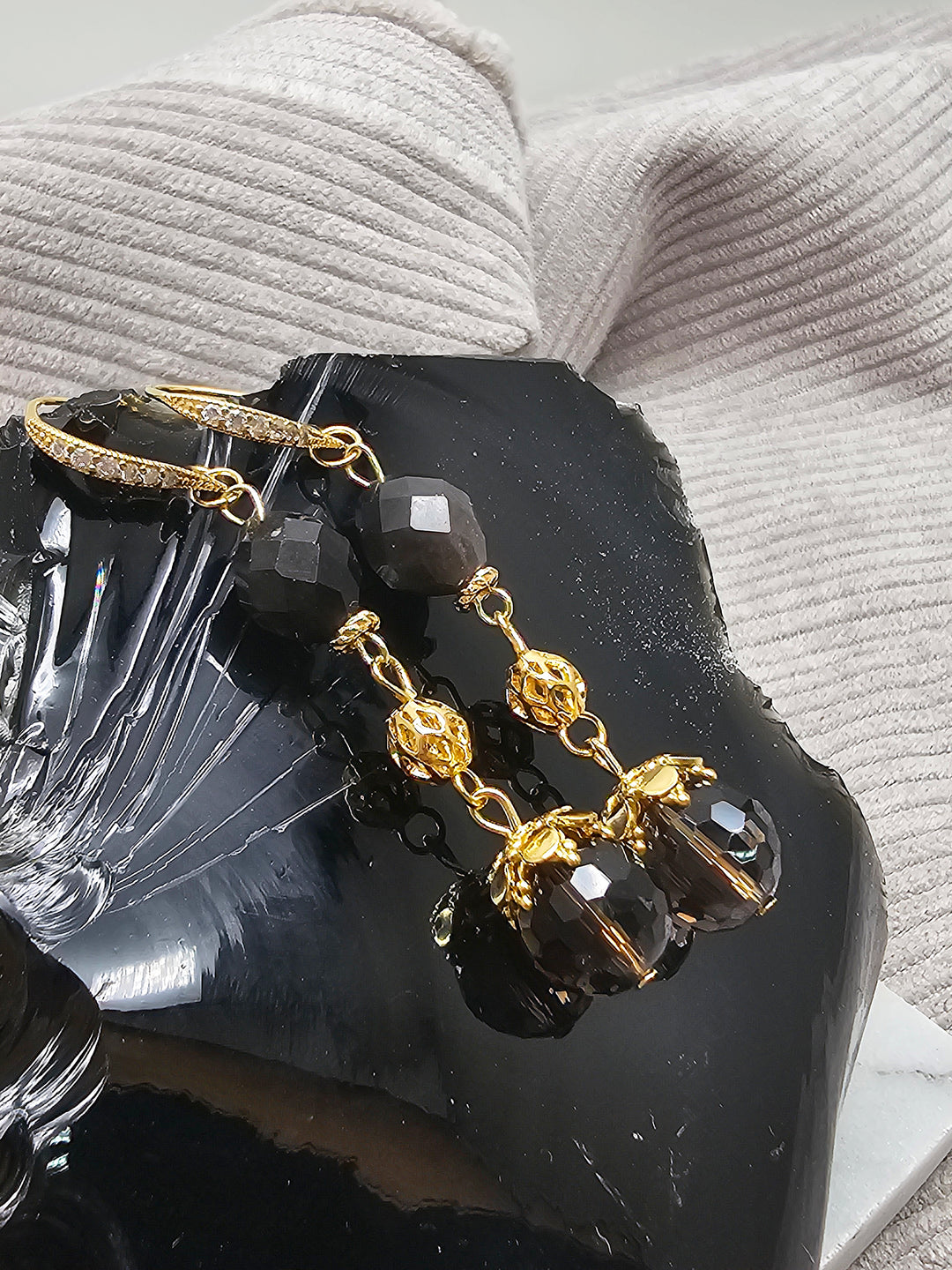 Black Obsidian With Smoky Quartz Dangle Earrings SE029