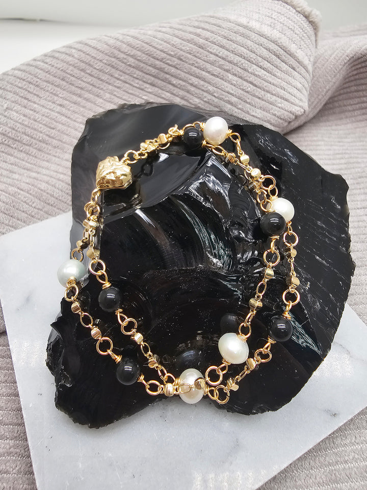 Black Obsidian And White Freshwater Pearl Double Layers Magnetic Clasp Bracelet SB026