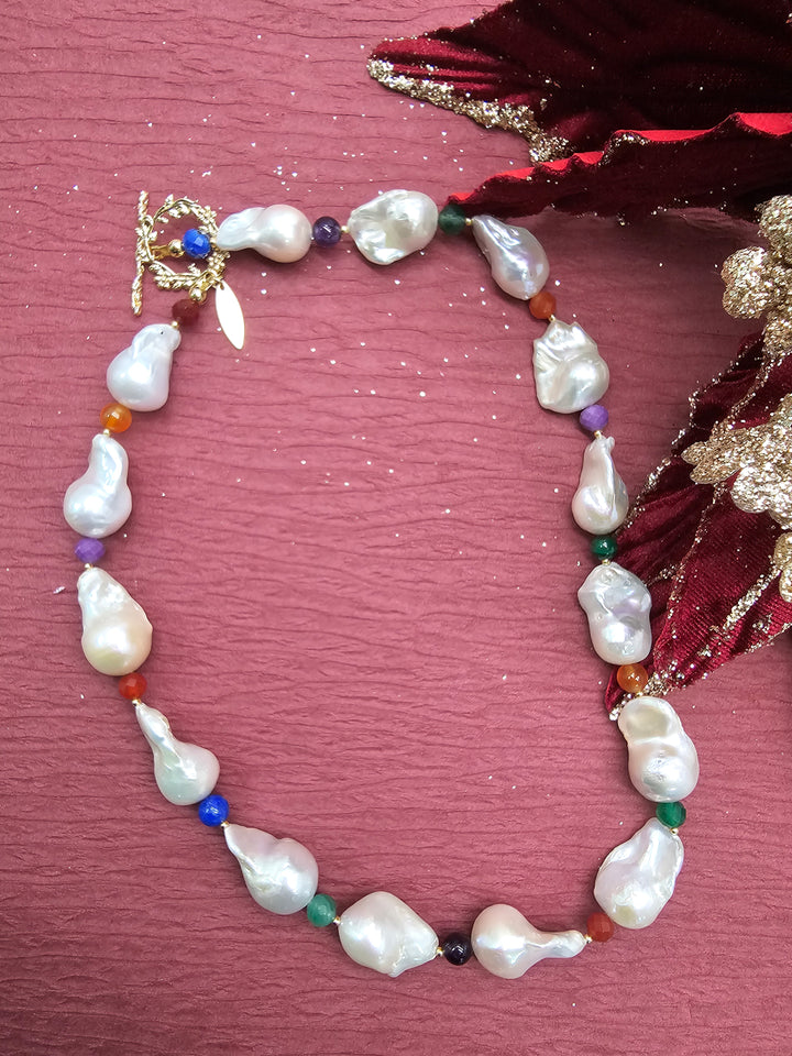Baroque Pearls With Colorful Gemstone Necklace SN039