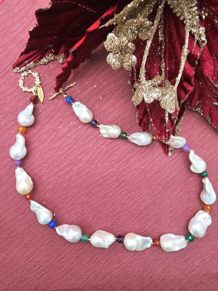 Baroque Pearls With Colorful Gemstone Necklace SN039