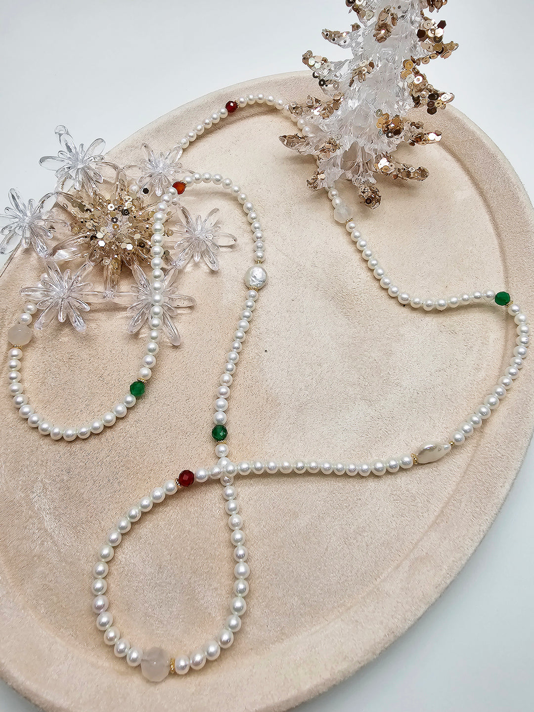 Freshwater Pearl With Green And Red Agate Long Necklace SN037