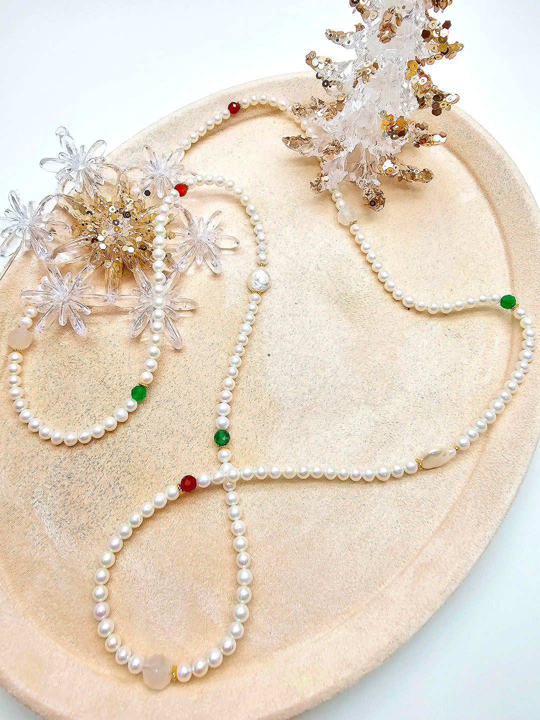 Freshwater Pearl With Green And Red Agate Long Necklace SN037
