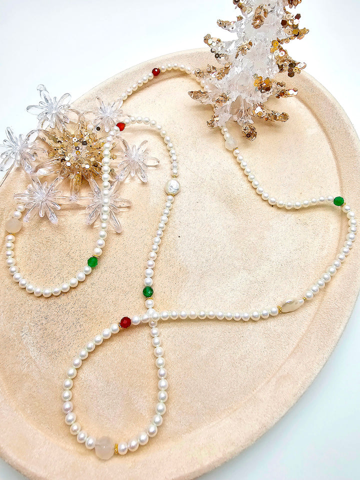 Freshwater Pearl With Green And Red Agate Long Necklace SN037