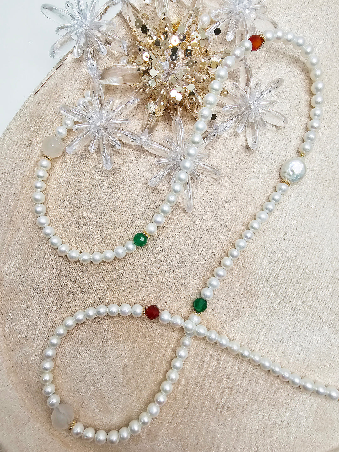 Freshwater Pearl With Green And Red Agate Long Necklace SN037