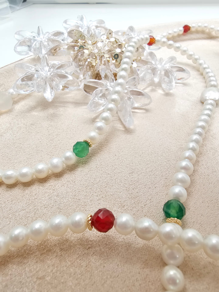 Freshwater Pearl With Green And Red Agate Long Necklace SN037