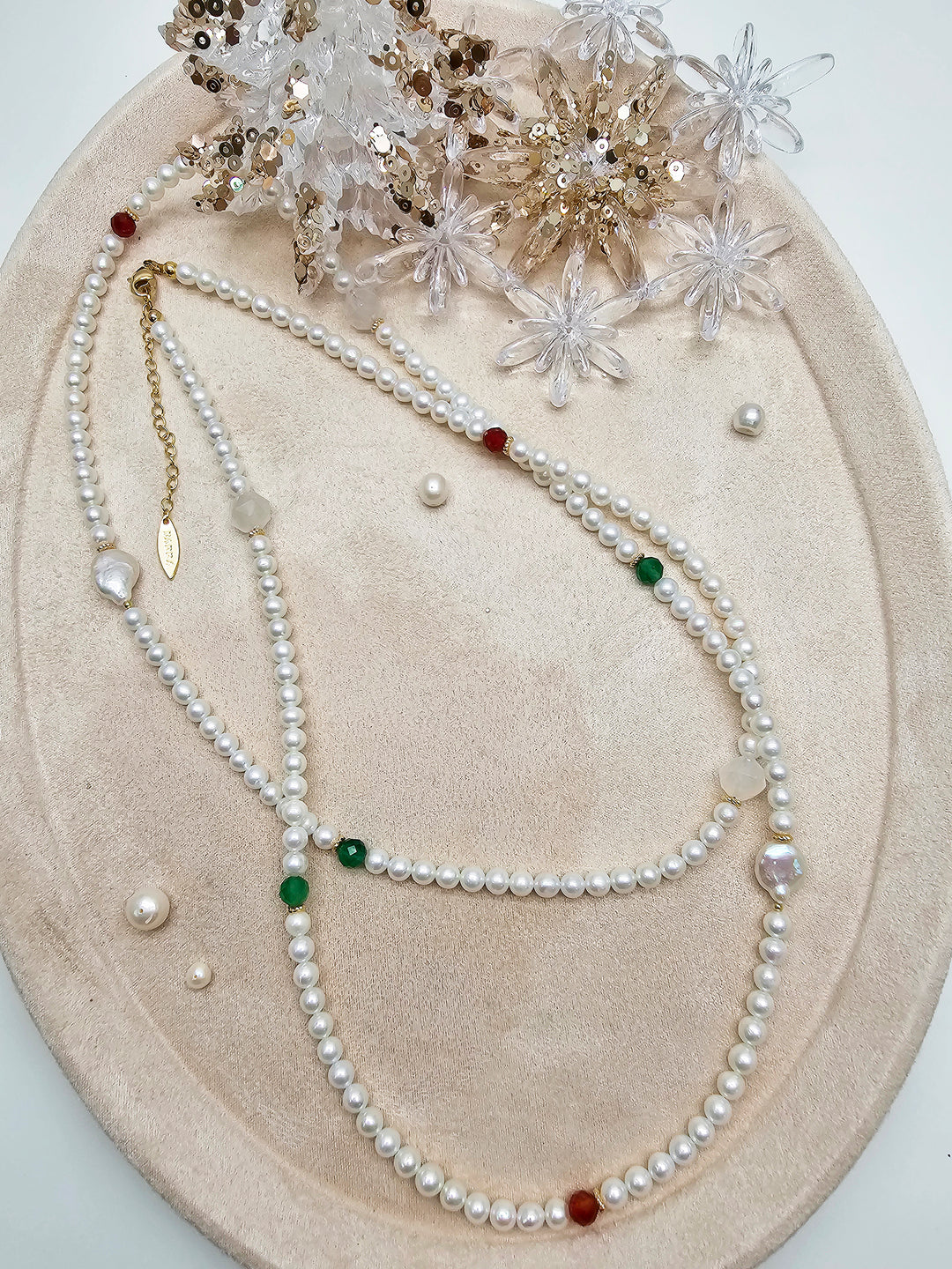 Freshwater Pearl With Green And Red Agate Long Necklace SN037