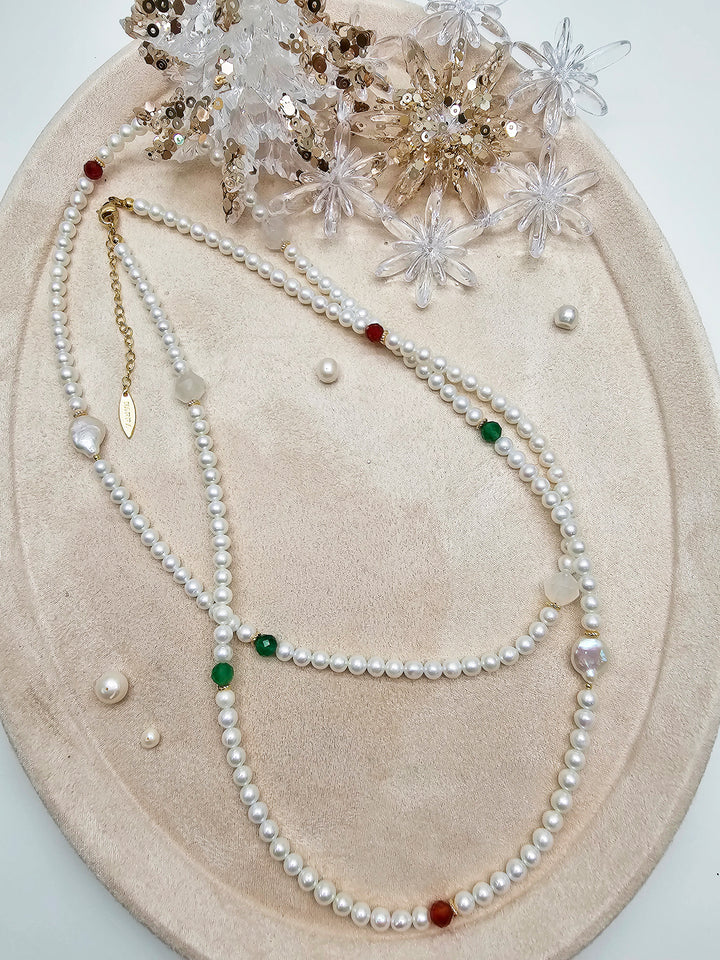 Freshwater Pearl With Green And Red Agate Long Necklace SN037