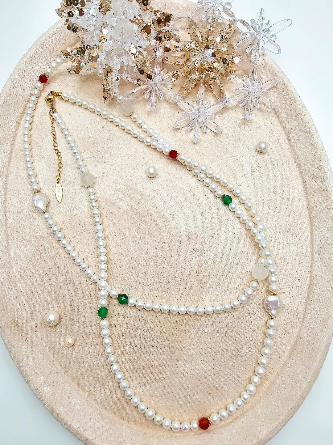 Freshwater Pearl With Green And Red Agate Long Necklace SN037
