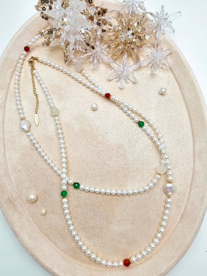 Freshwater Pearl With Green And Red Agate Long Necklace SN037