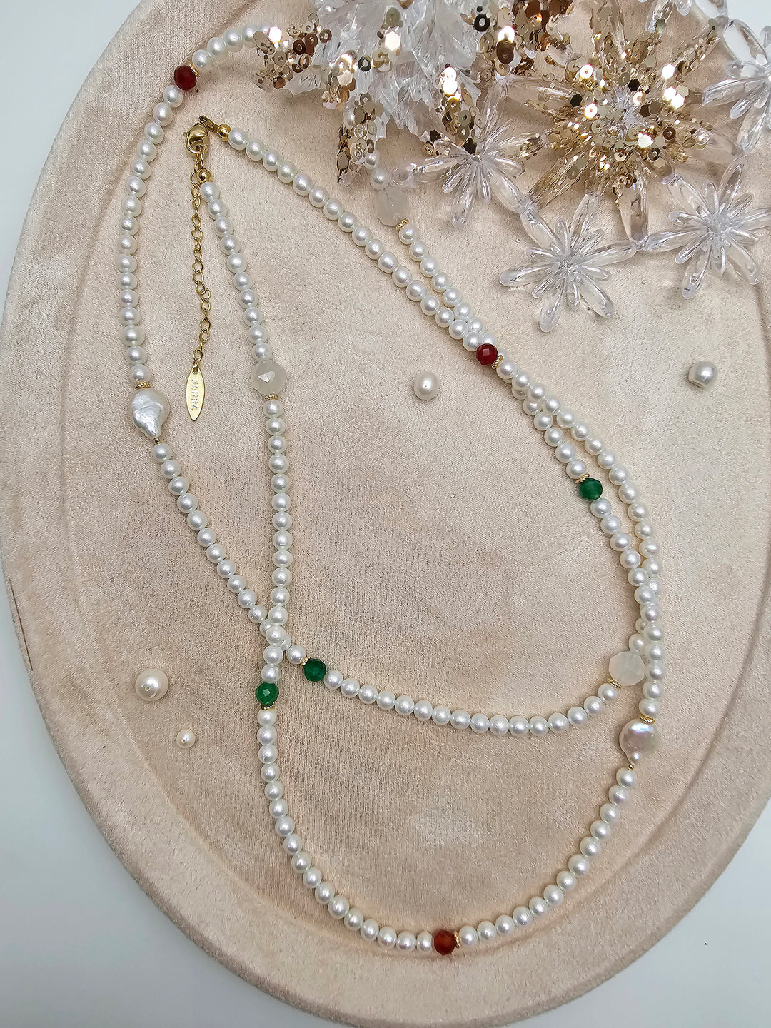 Freshwater Pearl With Green And Red Agate Long Necklace SN037