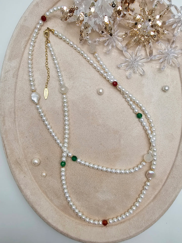 Freshwater Pearl With Green And Red Agate Long Necklace SN037
