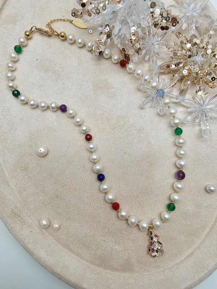 Freshwater Pearl And Colorful Gemstone With Christmas Tree Pendant Necklace SN040