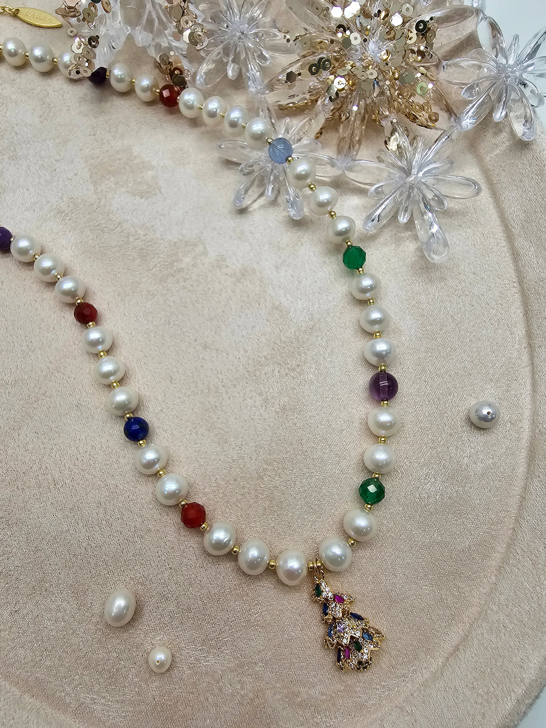 Freshwater Pearl And Colorful Gemstone With Christmas Tree Pendant Necklace SN040