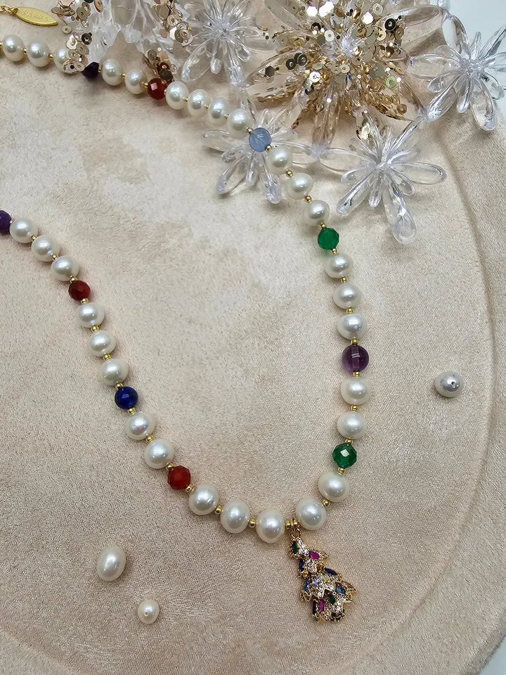 Freshwater Pearl And Colorful Gemstone With Christmas Tree Pendant Necklace SN040