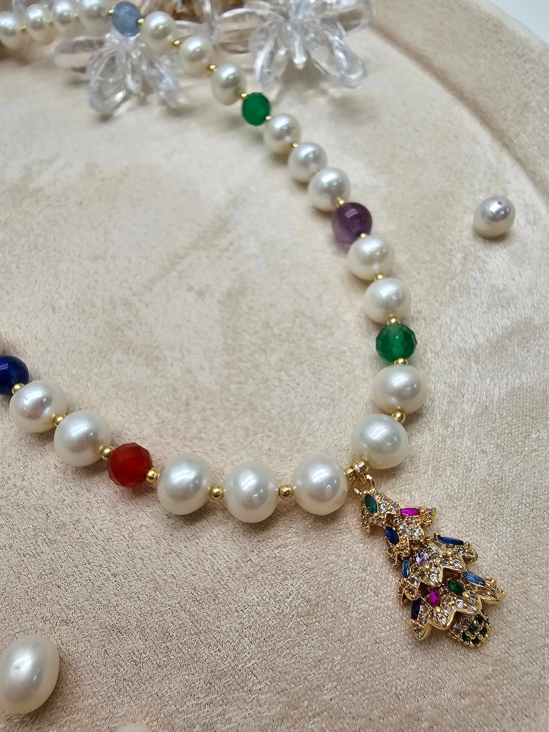 Freshwater Pearl And Colorful Gemstone With Christmas Tree Pendant Necklace SN040
