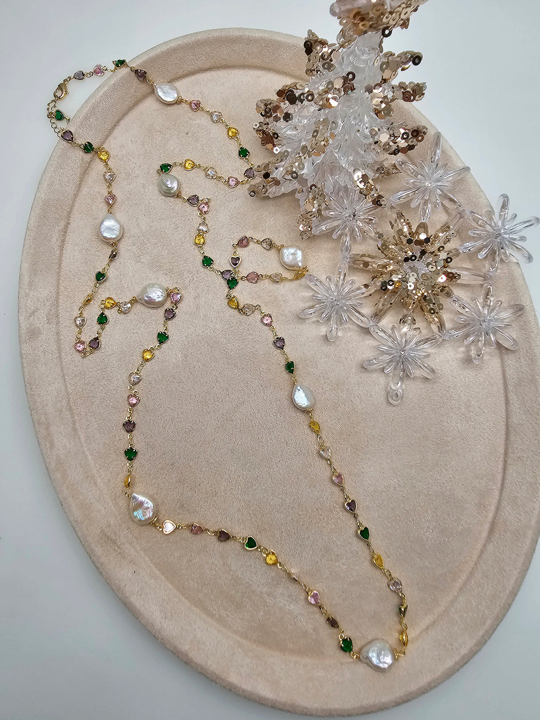 Colorful Heart Zircon Chain With Baroque Pearls Long Station Necklace SN038