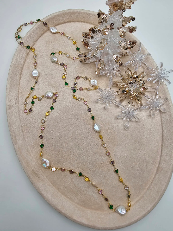 Colorful Heart Zircon Chain With Baroque Pearls Long Station Necklace SN038