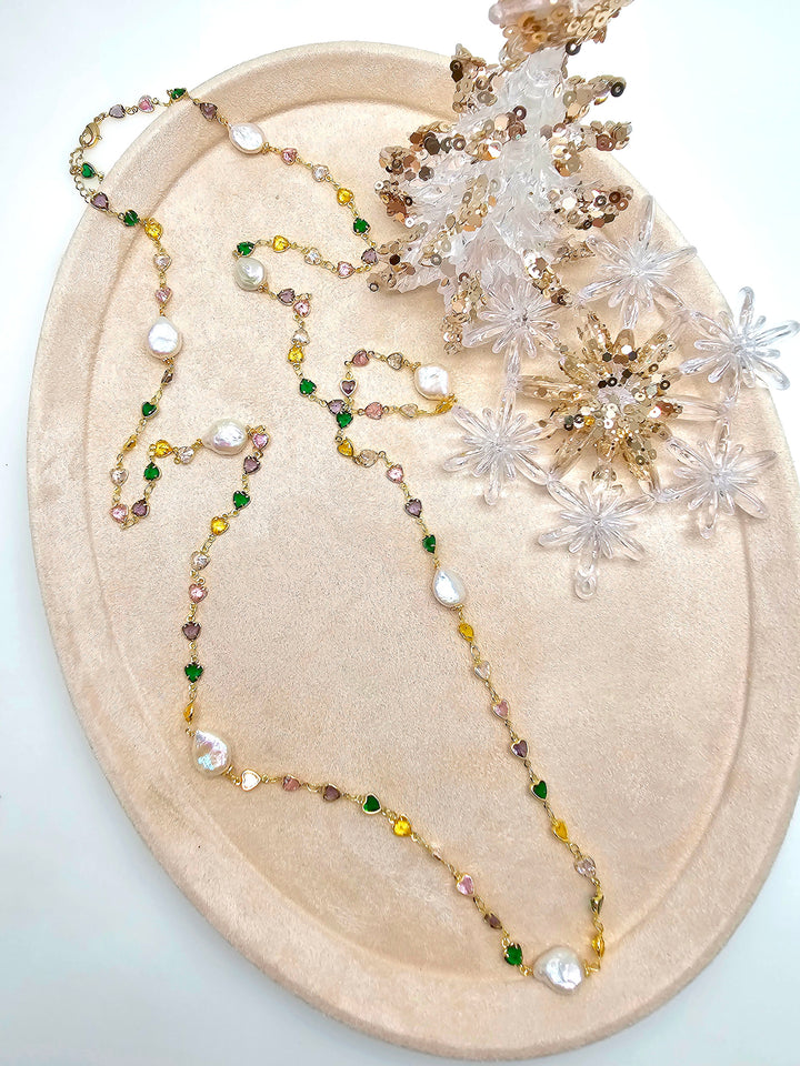 Colorful Heart Zircon Chain With Baroque Pearls Long Station Necklace SN038