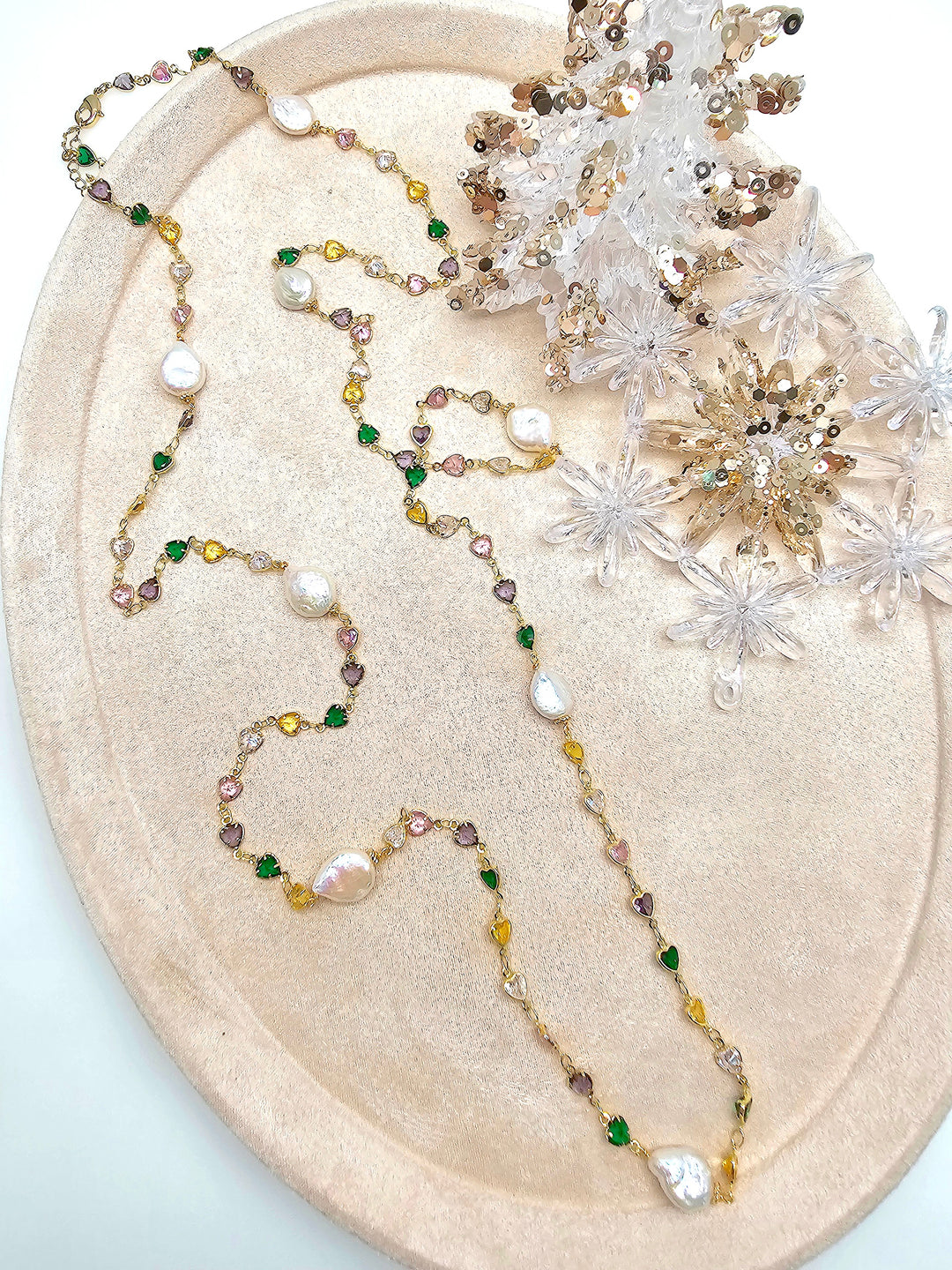 Colorful Heart Zircon Chain With Baroque Pearls Long Station Necklace SN038