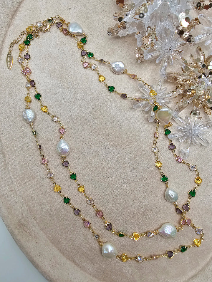 Colorful Heart Zircon Chain With Baroque Pearls Long Station Necklace SN038