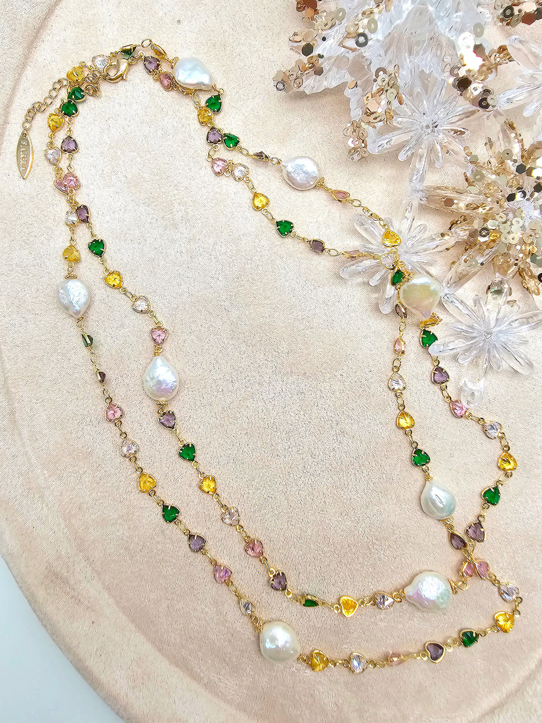 Colorful Heart Zircon Chain With Baroque Pearls Long Station Necklace SN038