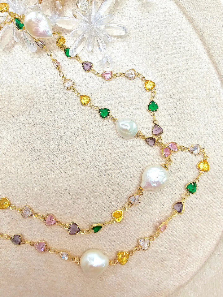 Colorful Heart Zircon Chain With Baroque Pearls Long Station Necklace SN038