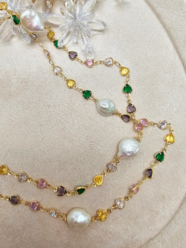 Colorful Heart Zircon Chain With Baroque Pearls Long Station Necklace SN038