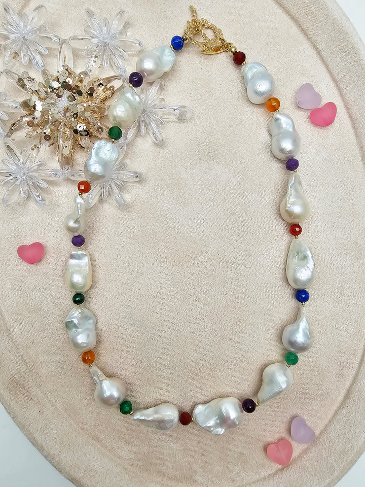 Baroque Pearls With Colorful Gemstone Necklace SN039