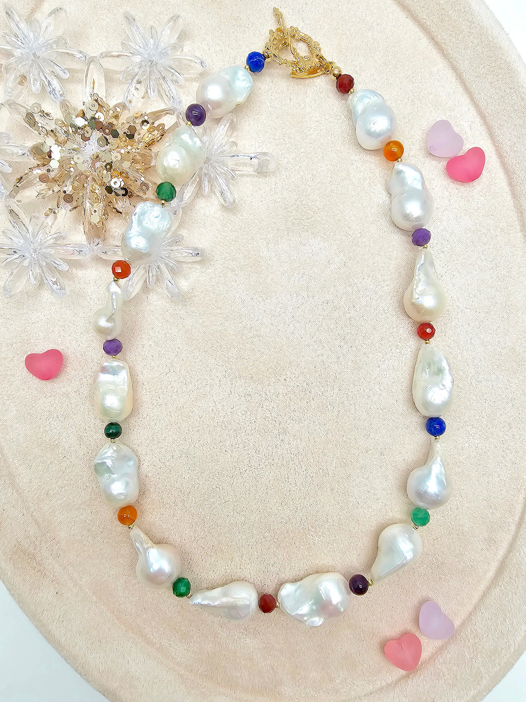 Baroque Pearls With Colorful Gemstone Necklace SN039