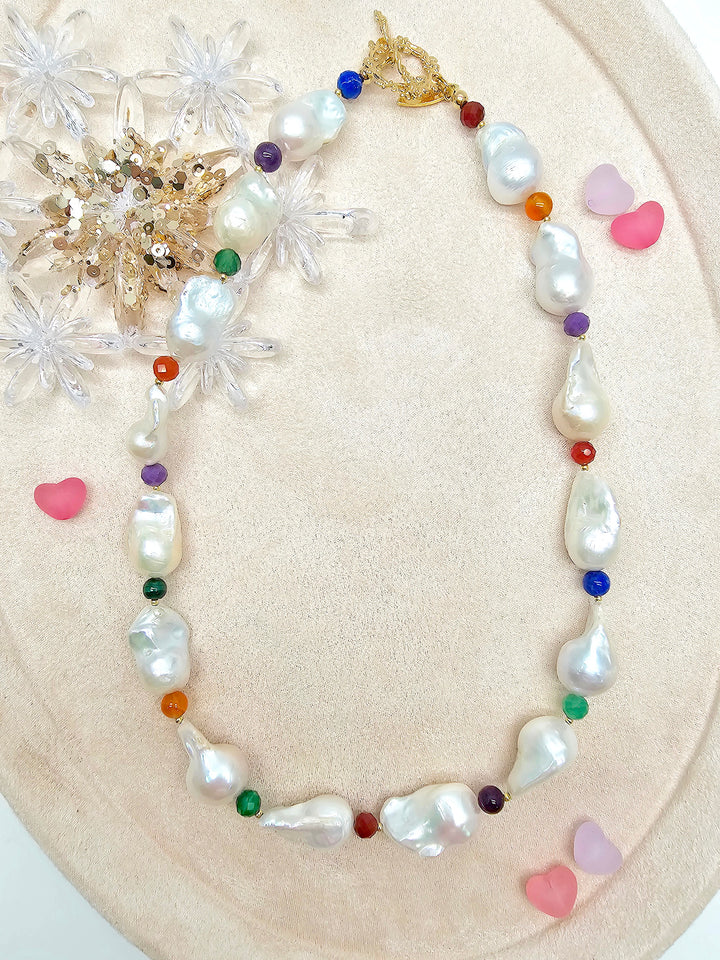Baroque Pearls With Colorful Gemstone Necklace SN039